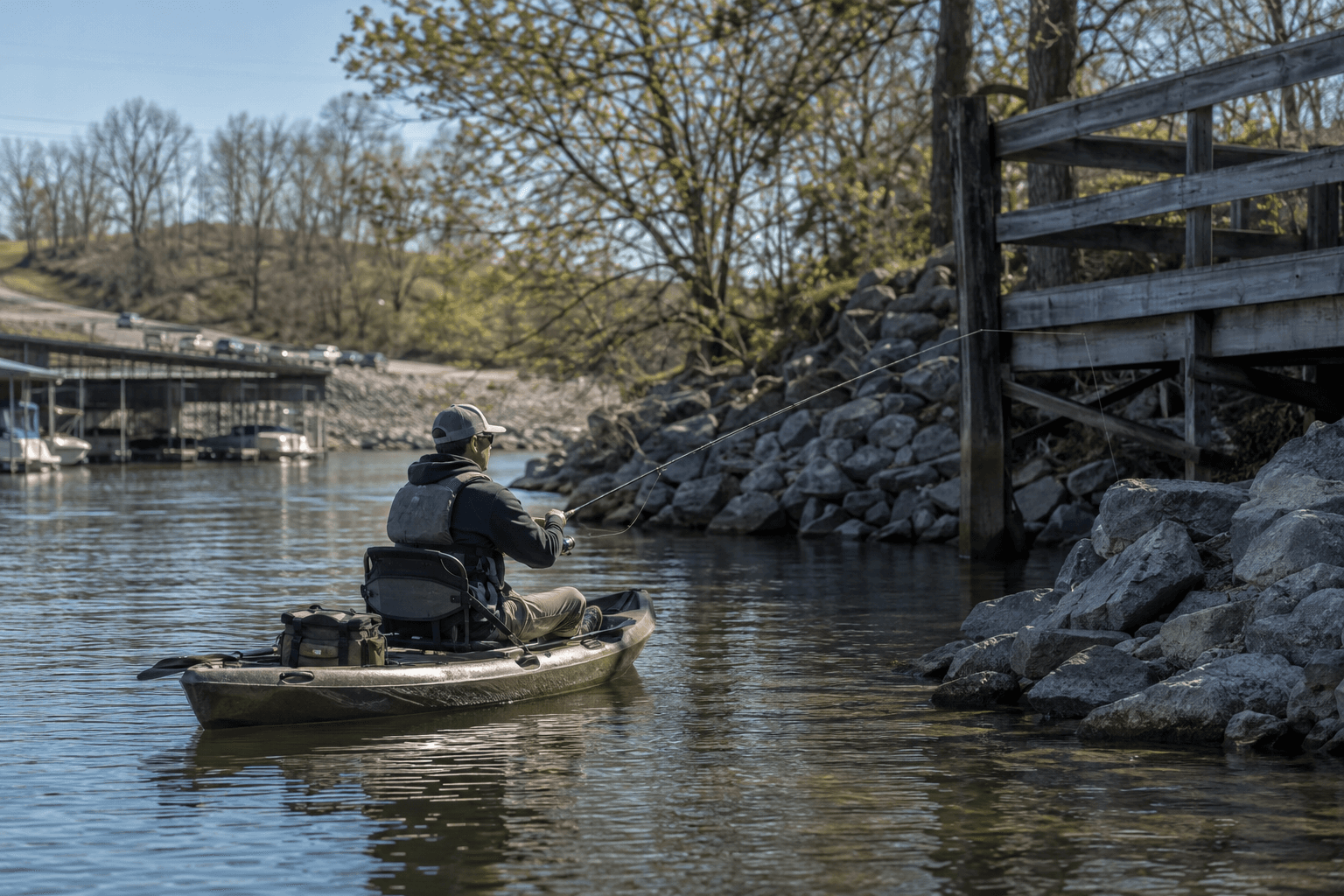A bass angler makes a careful cast on heavily pressured water.