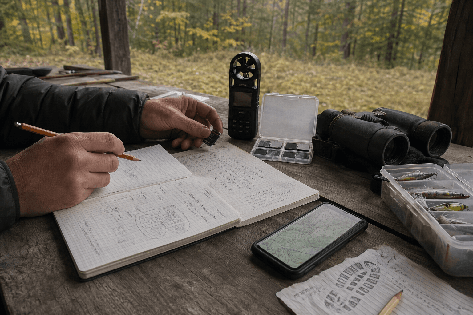 A field notebook, weather meter, trail map, and organized gear data on a workbench.