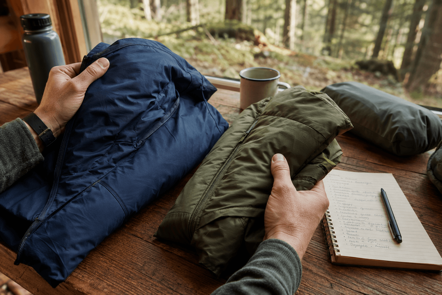 An outdoor buyer compares product specifications and field notes at a workbench.