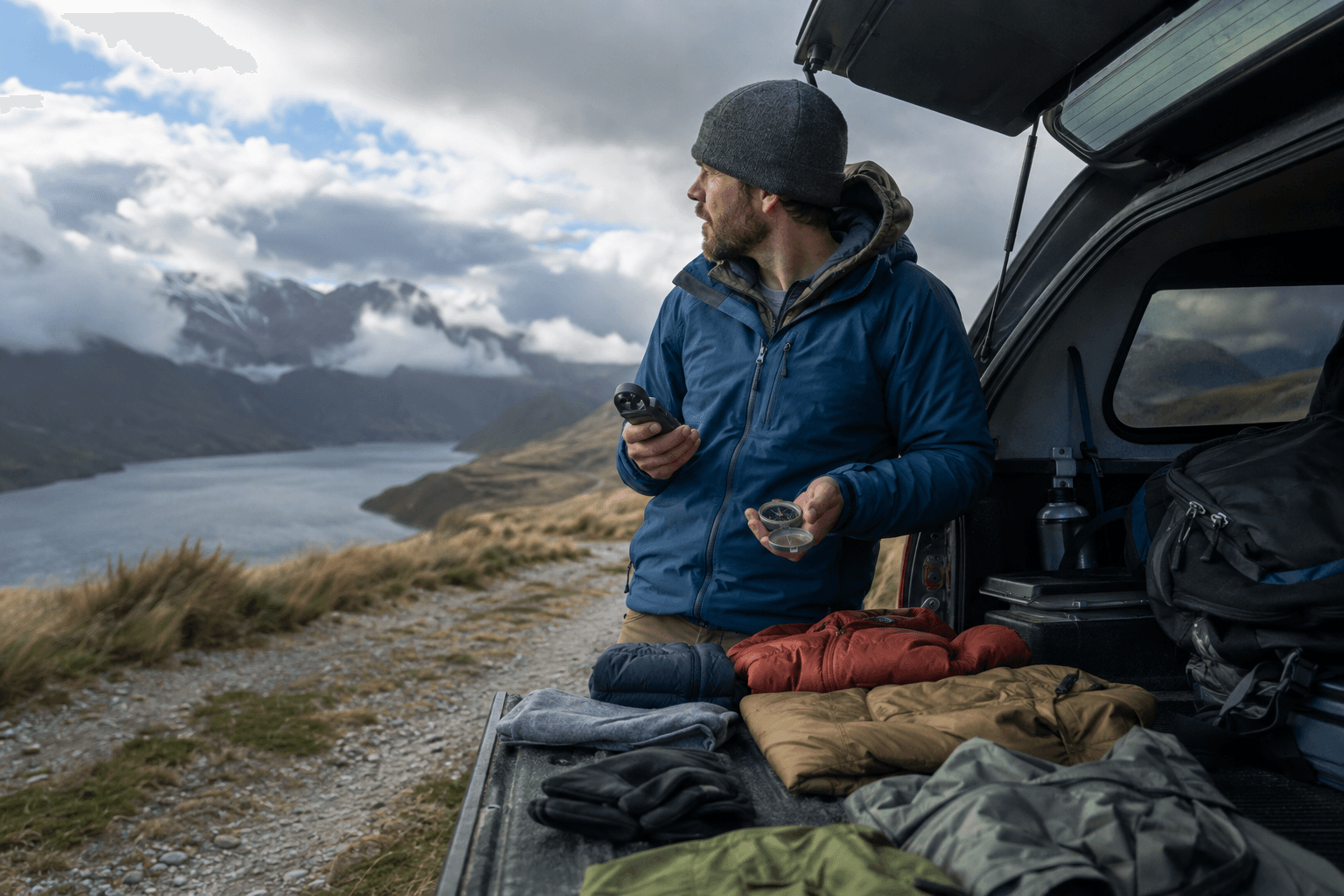 Weather, terrain, and field notes arranged before a small selection of outdoor gear.