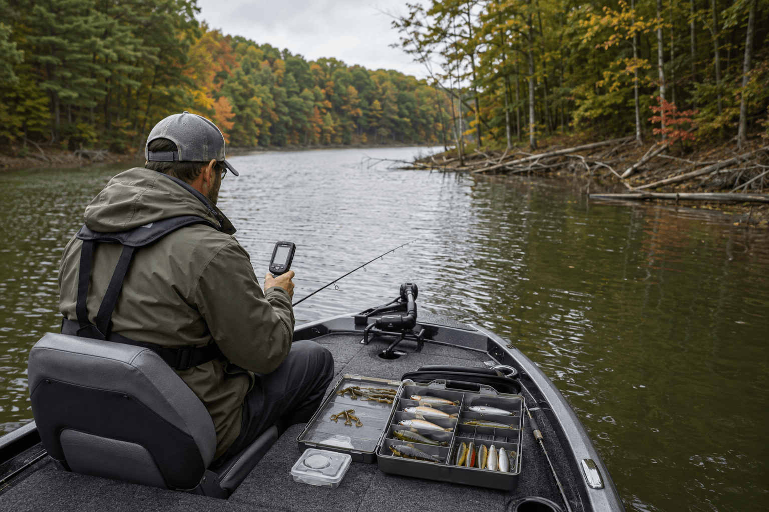 A bass angler checks tackle beside a lake showing early autumn color.