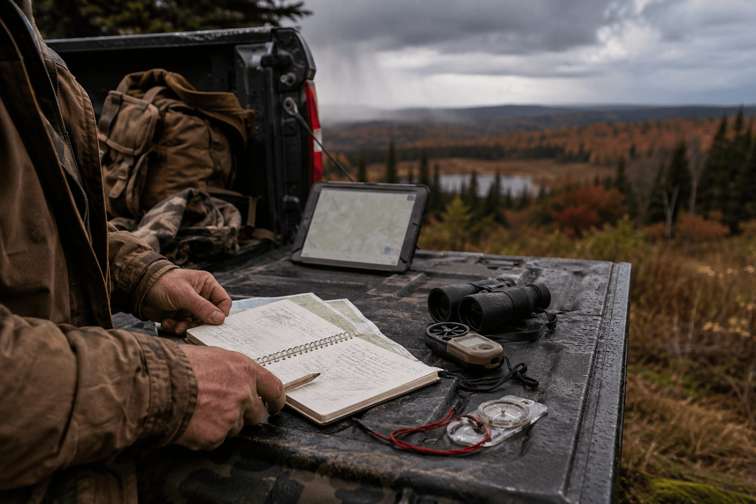 An outdoorsperson compares handwritten field notes with conditions observed across a mountain valley.