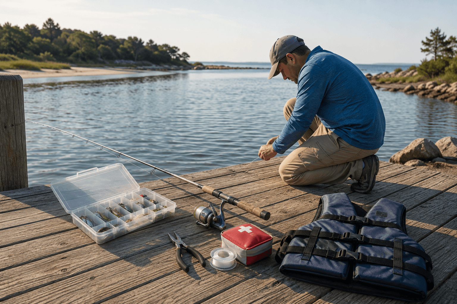 A beginner angler organizes a simple fishing kit beside accessible shoreline.